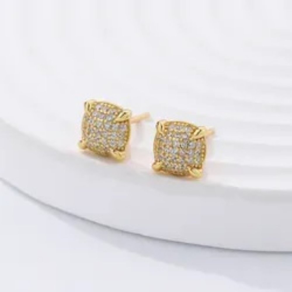 18k Yellow Gold over 925 Sterling Silver CZ Accent Micro-Pavé  Stud Earrings - Picture 4 of 6